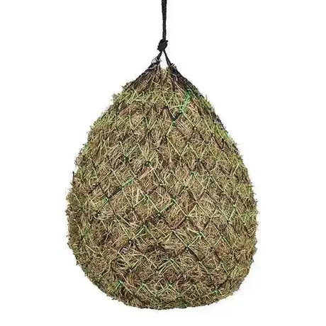 A two colour elico falmouth haynet made of woven mesh filled with dry grass and secured by a black rope hanging hay feeder