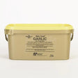 Beige plastic container of elico garlic powder feed supplement with bright yellow lid for clear respiration benefits