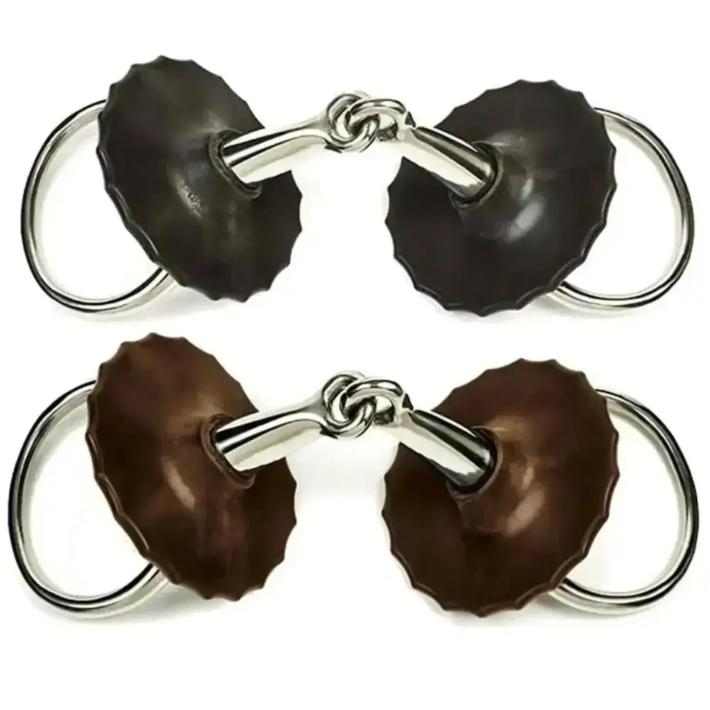 Black and brown textured horsebit bits with silver hardware featuring elico gel bit moulded mouthpiece gel bit guards
