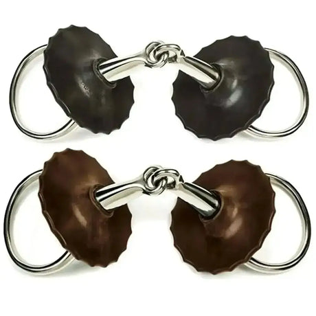 Black and brown textured horsebit bits with silver hardware featuring elico gel bit moulded mouthpiece gel bit guards