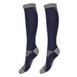 Navy grey elico genoa compression socks with knee-high fit, gray ribbed cuffs, toe caps, heel accents, and ankle stripes