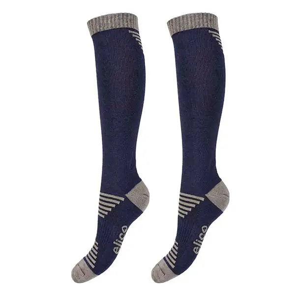 Navy grey elico genoa compression socks with knee-high design gray ribbed cuffs toe and heel with ankle stripes