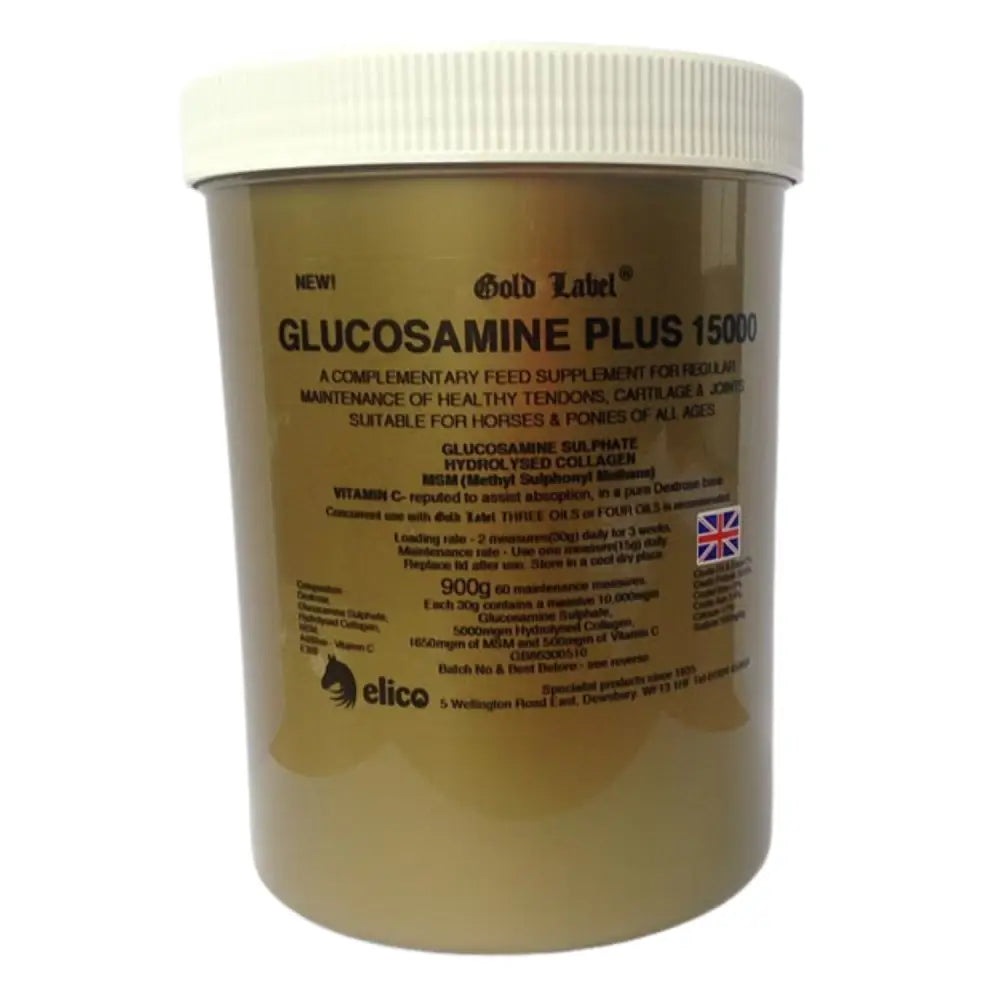 Elico glucosamine plus 15000 supplement in amber container with white lid for horses joint health with glucosamine sulfate