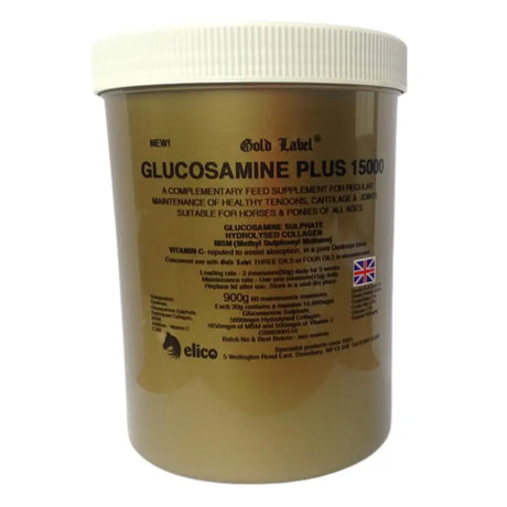 Elico glucosamine plus 15000 in amber container with white lid for horses joint health contains glucosamine sulfate with a magnificent track record