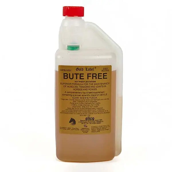 A 1-liter transparent plastic bottle of elico gold label bute free with red cap and amber devil’s claw for healthy joints