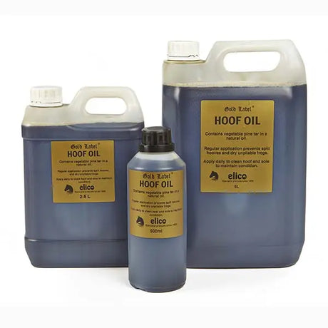 Dark blue plastic containers of elico gold lable stable fresh hoof oil with gold labels for pine disinfectant use