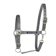 Gray leather elico grasmere headcollar with silver buckles and central strap featuring love and heart symbols