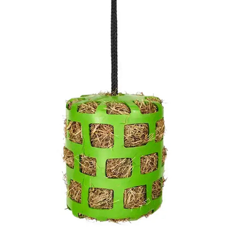 Bright green elico green rubber slow feder horse toy with woven mesh and black hanging rope for easy feeding