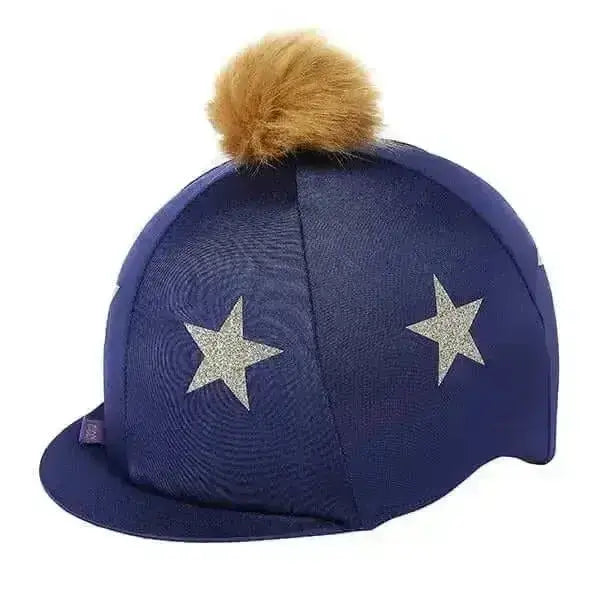 Navy blue lycra riding hat cover elico hat silks with two silver stars and a fluffy tan pom-pom for riding use