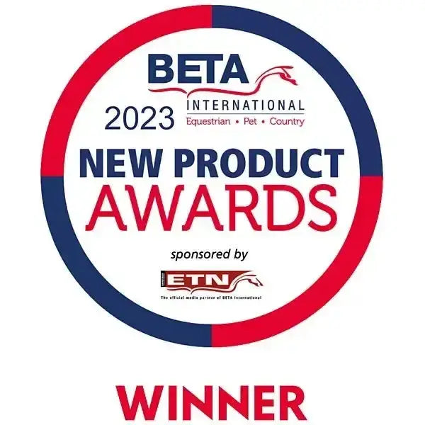 2023 beta international new product awards winner badge with red and navy border for elico hebden jute haybag product