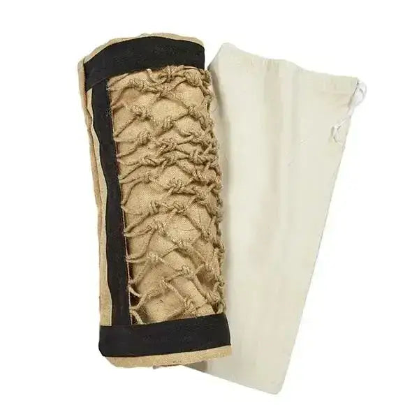 Beige and black woven mesh arm guard with reinforced edges for elico hebden jute haybag protection and durability