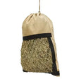 Beige elico hebden jute drawstring haybag with black trim and mesh section filled with golden straw for feeding hay