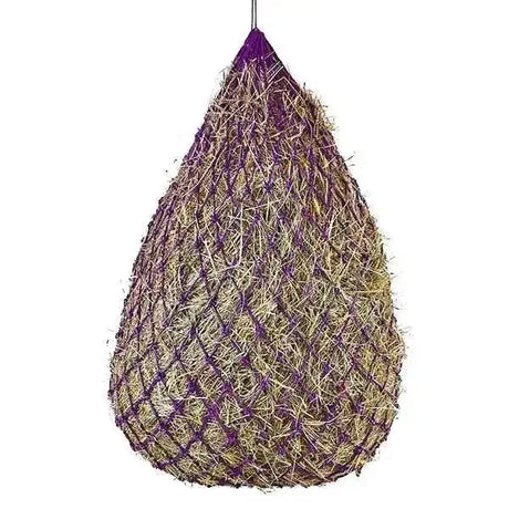 Purple elico helston haynet with 5cm fine mesh filled with golden straw hanging by strong rope on metal hook