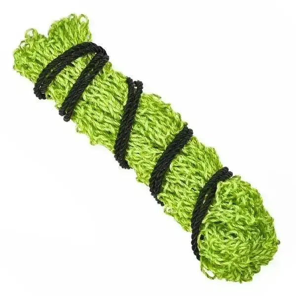 A lime green textured yarn bundle secured with black cords for elico helston haynet small holes use