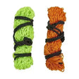 Two rolled-up lime green and orange mesh nets bound with black rope from elico helston haynet small holes design