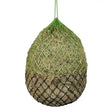 Green and brown mesh hanging hay feeder showing elico honiton haynet green used for easy hay feeding