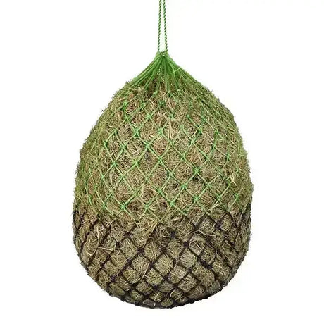 Green and brown mesh hanging hay feeder showing elico honiton haynet green used for easy hay feeding