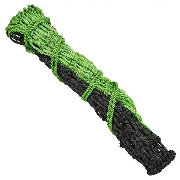 A coiled elico honiton haynet green black mesh netting secured with matching green rope ties for feeding hay