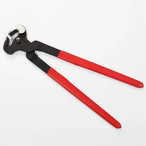 Red and black elico hoof nipper with metallic curved cutting head for efficient hoof care horse trimming