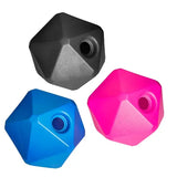Three faceted icosahedron horse toy treat balls in black blue and pink for interactive horse play