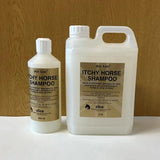 White plastic bottles of elico itchy horse shampoo with gold labels featuring black text for lincoln itchy horse care