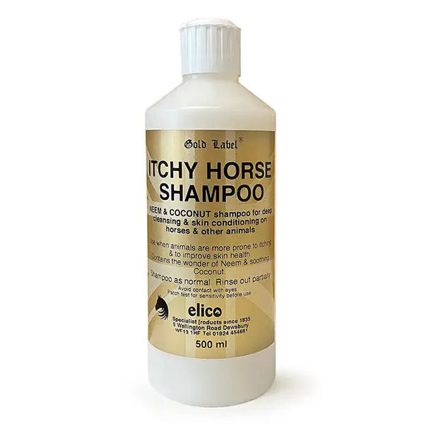 Elico itchy horse shampoo in white bottle with gold label features neem and coconut for deep cleaning and skin conditioning