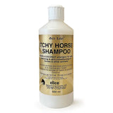 Elico itchy horse shampoo in white bottle with gold label features neem and coconut for deep cleaning and skin conditioning
