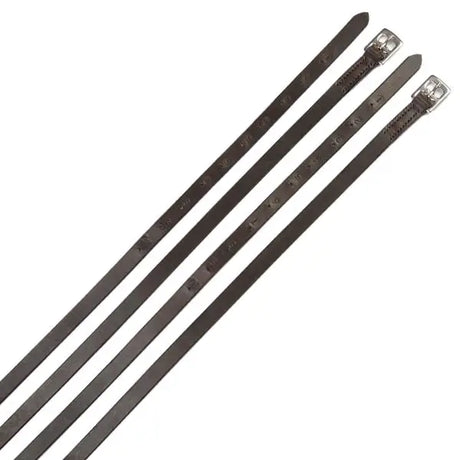 Black plastic cable ties with metallic silver locking heads shown with elico lightweight stirrup leathers product