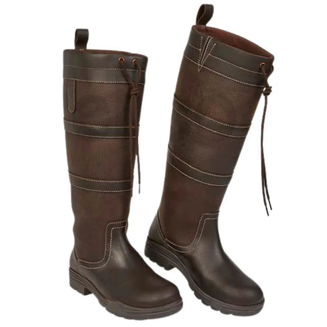 Brown leather elico kirkstall country boots with white stitching and adjustable laces perfect for riding or country walks