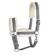 Gray woven leather horse halter with plush white fleece lining and silver hardware from the elico langdale headcollar range