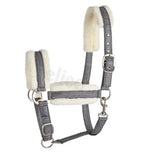 Gray woven leather horse halter with plush white fleece lining and silver hardware from the elico langdale headcollar range