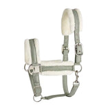 Gray leather elico langdale headcollar with white fleece lining and silver metal hardware for horses