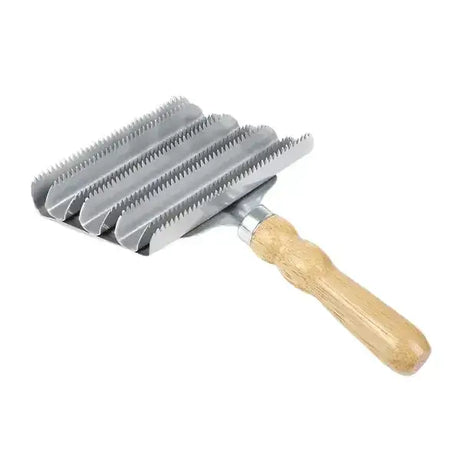 Elico large metal curry comb with silver metal rake and light brown wooden handle for traditional grooming