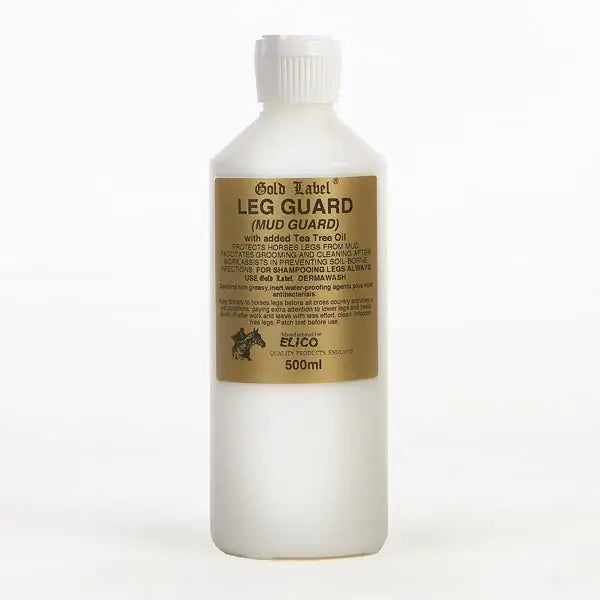 White plastic elico leg guard bottle with gold label for horse protection featuring tea tree oil mud guard