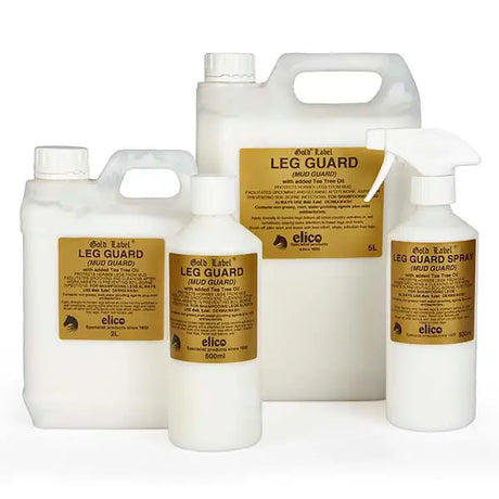 White plastic containers of elico leg guard mud guard with gold labels and white caps for horse protection with tea tree oil