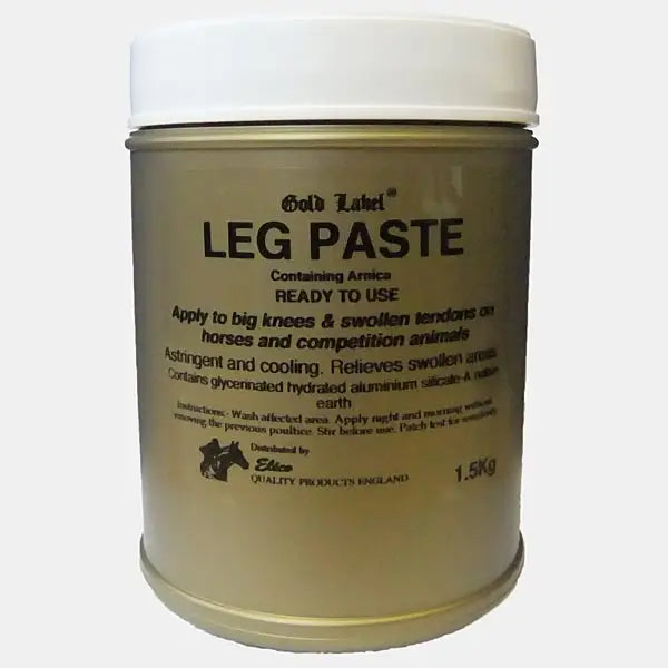 Beige cylindrical container of elico leg paste with white lid for horses and competition animals 1.5kg leg paste