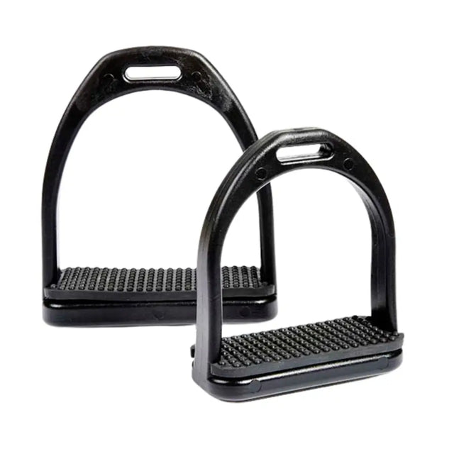 Black elico lightweight stirrup irons with textured rubber footpads for extra grip and durable polymer build