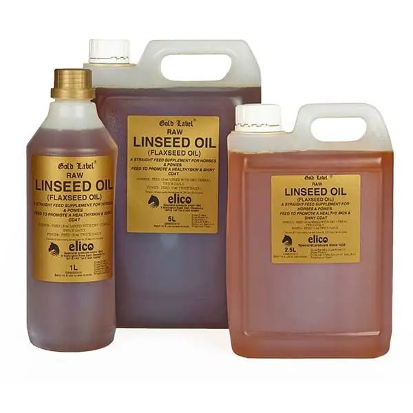 Elico linseed oil raw flaxseed oil in clear bottles with gold caps for a healthy shine on horses coat, available 1l and 2.5l