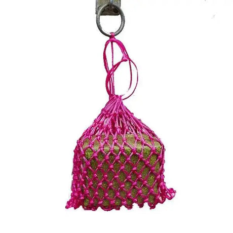 A vibrant pink macrame net bag with a metal ring holding a round piggy fodder brick for elico little piggy fodder brick holders