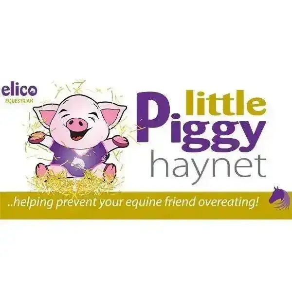 A cheerful cartoon pig in purple sits on hay promoting the elico little piggy small holed haynet black large product