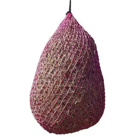 A hanging teardrop-shaped elico little piggy small holed haynet pink medium with natural straw and pink dye mesh