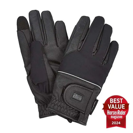 Black elico longford waterproof gloves with serino palm reinforced grip and white accent stripe near the wrist back view