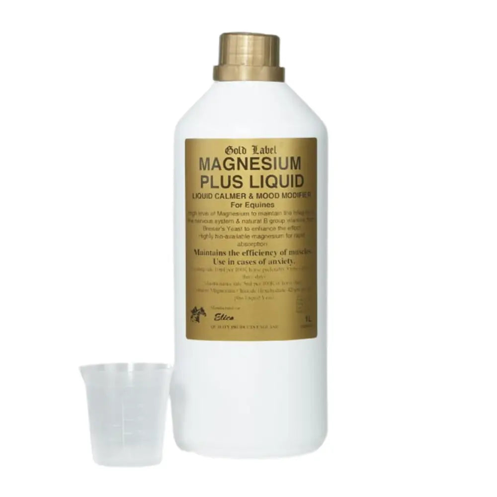 White plastic bottle with gold cap and label of elico magnesium plus liquid calmer for equines magnesium plus liquid