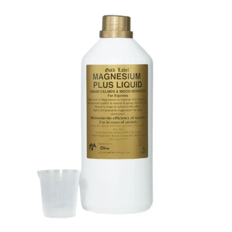 White plastic bottle with gold cap and label of elico magnesium plus liquid calmer for equines magnesium plus liquid