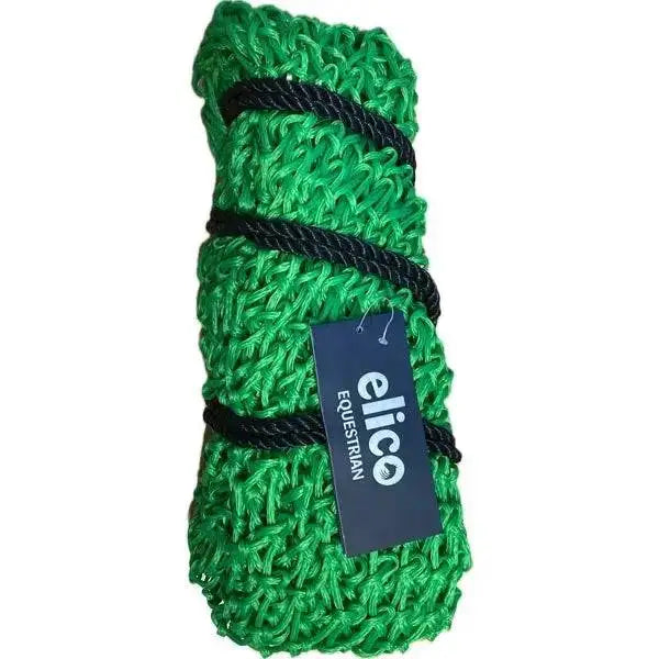 Green knitted elico malborough haynet with black braided straps and large capacity horse feed design