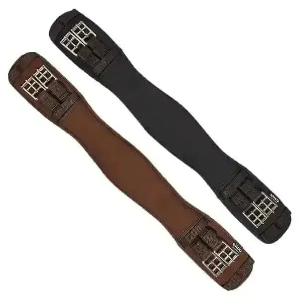 Brown and black leather saddle pads with silver buckles paired with elico memory foam dressage girth elasticated ends