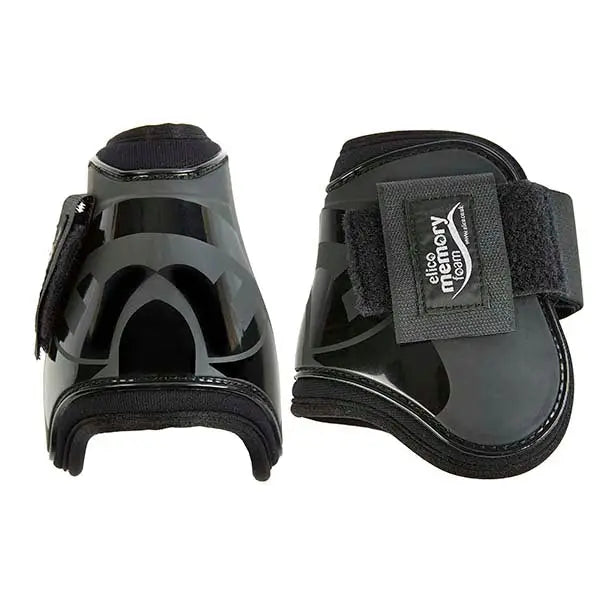 Black glossy elico memory foam fetlock boots with gray geometric patterns and velcro strap for horse protection