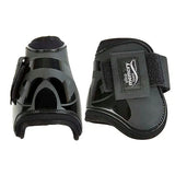 Black glossy elico memory foam fetlock boots with gray geometric patterns and velcro strap for horse protection