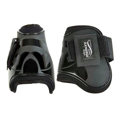 Black glossy elico memory foam fetlock boots with gray geometric patterns and velcro strap for horse protection