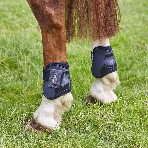 Black elico memory foam fetlock boots with glossy finish and adjustable strap for horse leg protection